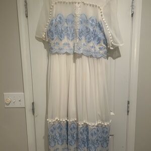 White and Blue Embroidered Dress
